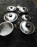 AMC pannenset 5 pannen, 1 vergiet, 1 rasp., Huis en Inrichting, Keuken | Potten en Pannen, Ophalen of Verzenden, Gebruikt, Rvs