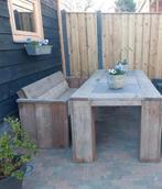 Mooie Steigerhouten tafel met 2 leistenen en zitbank, Tuin en Terras, Tuinsets en Loungesets, Ophalen, 3 zitplaatsen, Steigerhout