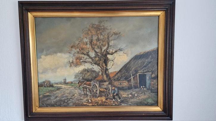 H.C.Kranenburg, Boerderij met Kippen en paard en wagen...., Antiek en Kunst, Kunst | Schilderijen | Klassiek, Ophalen