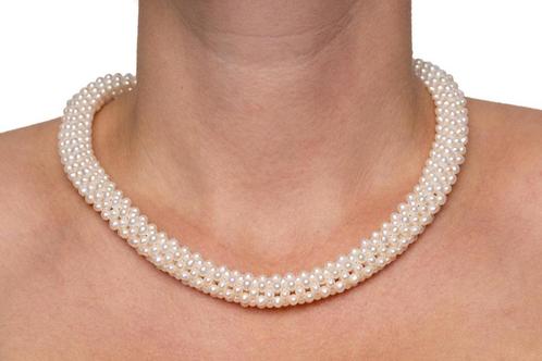 Gevlochten parel ketting 18k slot goud design dames collier, Sieraden, Tassen en Uiterlijk, Antieke sieraden, Ketting, Goud, Met edelsteen