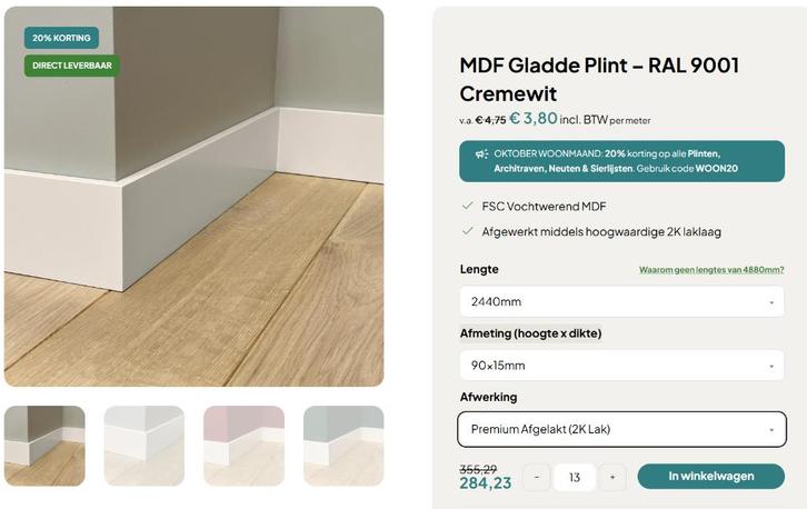 MDF Gladde Plint – RAL 9001 Cremewit - Mooieplinten, Doe-het-zelf en Verbouw, Plinten en Afwerking, Nieuw, Plinten, Mdf, 200 tot 250 cm