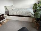 Uniek BRIMNES bed IKEA 140 x 200 (deels bruin leer gewrapt), Gebruikt, 140 cm, Wit, Hout