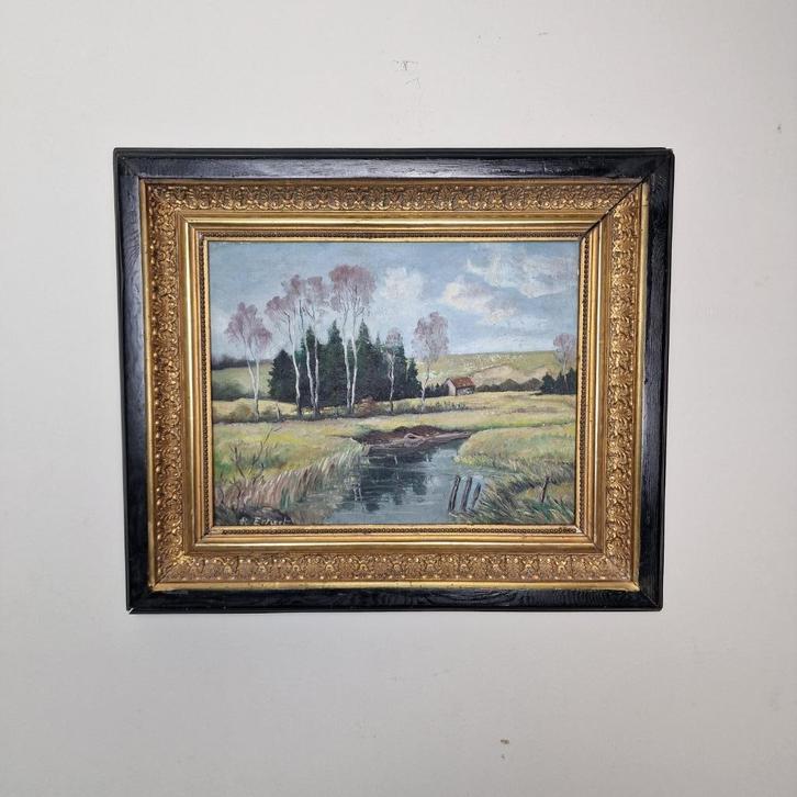 prachtige klassiek landschap schilderij, Duits 42 bij 37 cm, Antiek en Kunst, Kunst | Schilderijen | Klassiek, Ophalen of Verzenden