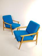 2 blauwe fauteuils | wollen ploegstof kobalt blauw vintage, Hout, ., 75 tot 100 cm, Ophalen of Verzenden