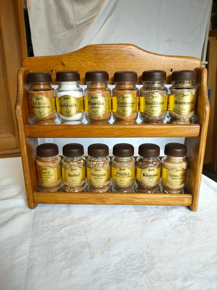 Vintage Kruidenrekje Jaren 60 met Kruidenpotjes, Huis en Inrichting, Keuken | Potten en Pannen, Gebruikt, Pot, Bus of Blik, Glas