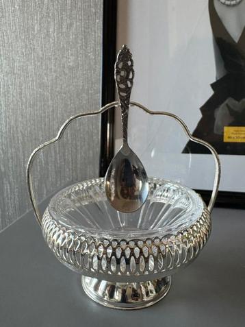 Suikerschaaltje in zilver en glas, met Sola lepeltje. beschikbaar voor biedingen