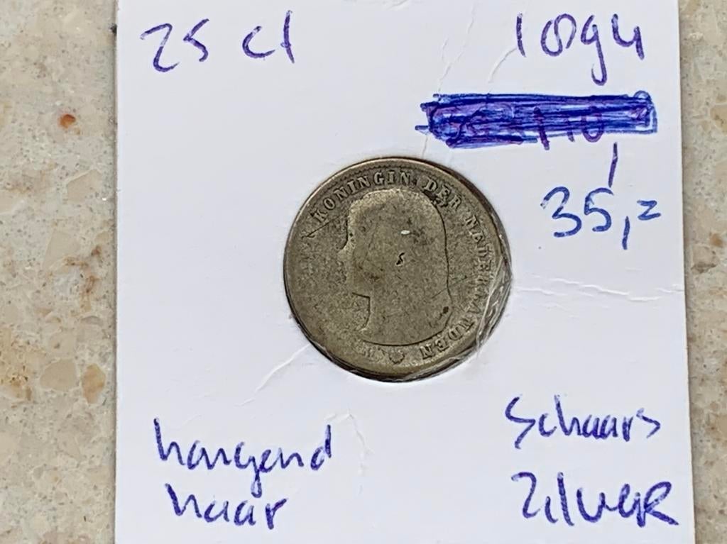 Zilver kwartje 1894 schaars zeer oud, Postzegels en Munten, Munten | Nederland, Ophalen of Verzenden, Koningin Wilhelmina, 25 cent