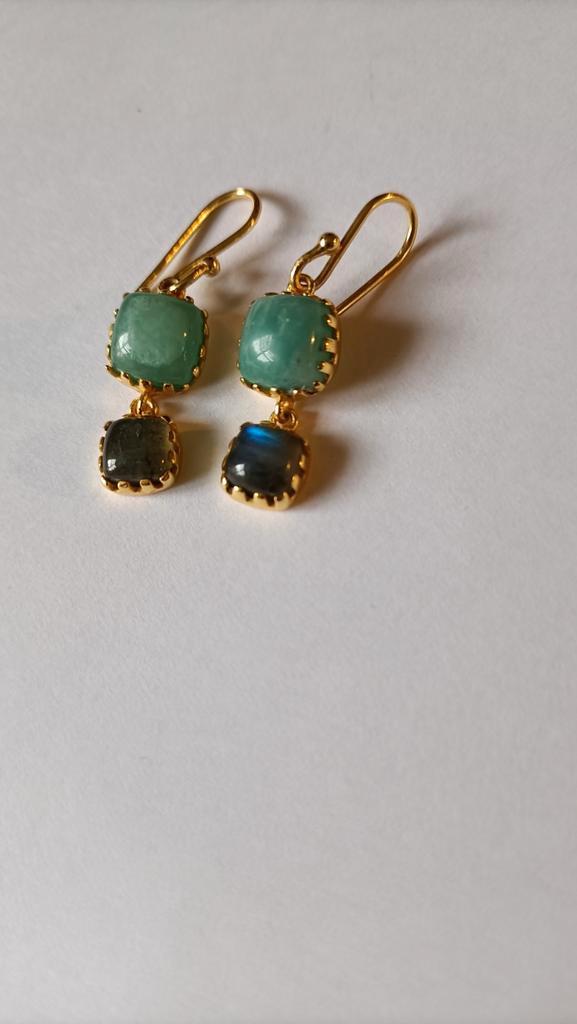 Fraaie zilver vergulde oorbellen Labradoriet en Amazoniet, Sieraden, Tassen en Uiterlijk, Oorbellen, Nieuw, Hangers, Zilver, Goud