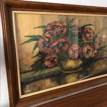Aquarel, papaver, pioen, bloemen, vintage, 1938, gesigneerd beschikbaar voor biedingen