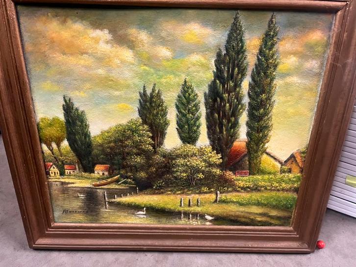 romantisch landschap met rivier en boerderijen, Antiek en Kunst, Kunst | Schilderijen | Klassiek, Ophalen of Verzenden