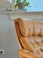 Vintage fauteuil leer hout jaren 50/60/70, Huis en Inrichting, Fauteuils, Ophalen, Minder dan 75 cm, Zo goed als nieuw, 50 tot 75 cm