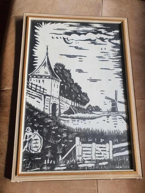 Houtsnede Enkhuizen Gouwsboom met molen Kolhorn gesigneerd H, Antiek en Kunst, Kunst | Etsen en Gravures, Ophalen