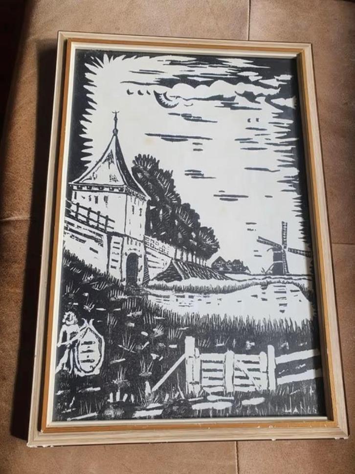 Houtsnede Enkhuizen Gouwsboom met molen Kolhorn gesigneerd H, Antiek en Kunst, Kunst | Etsen en Gravures, Ophalen