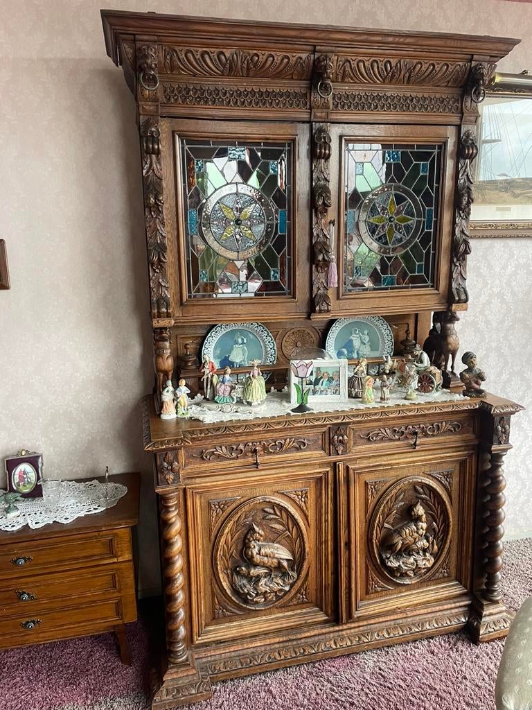 Antieke eikenhouten buffetkast met glas in lood ., Antiek en Kunst, Ophalen