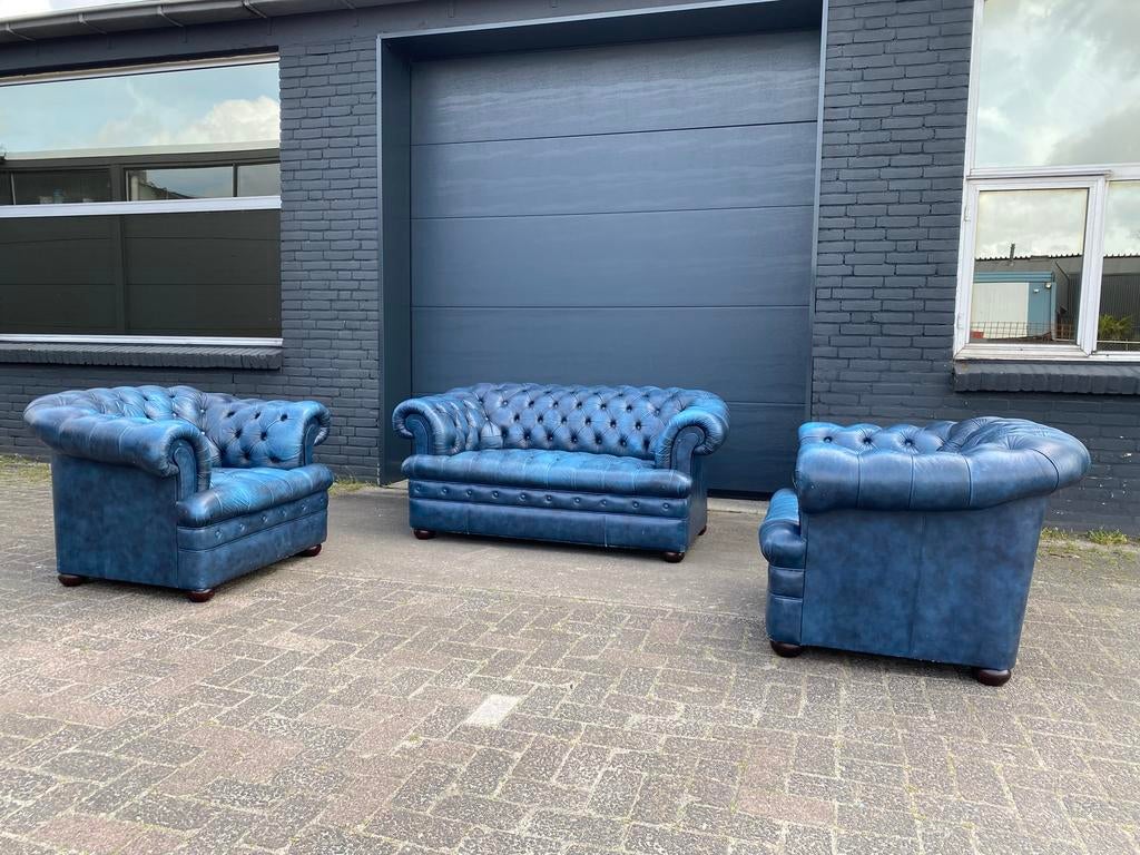 Engelse Chesterfield 2+1+1 zit bankstelJeans blauw, Ophalen of Verzenden, Zo goed als nieuw, Rechthoekig, Leer
