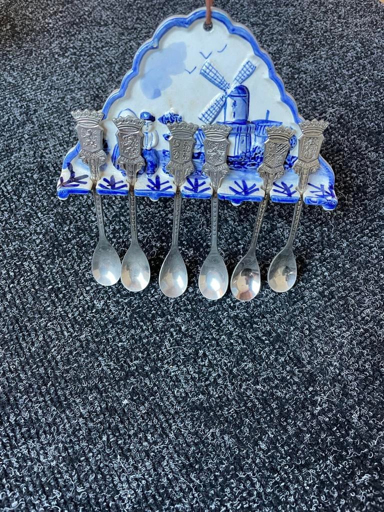 Delfts Blauw Lepelrekje met 6 Zilverkleurige Lepeltjes, Ophalen of Verzenden