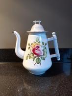 Mooie emaille koffiepot met bamboehandvat en bloemmotief., Ophalen of Verzenden