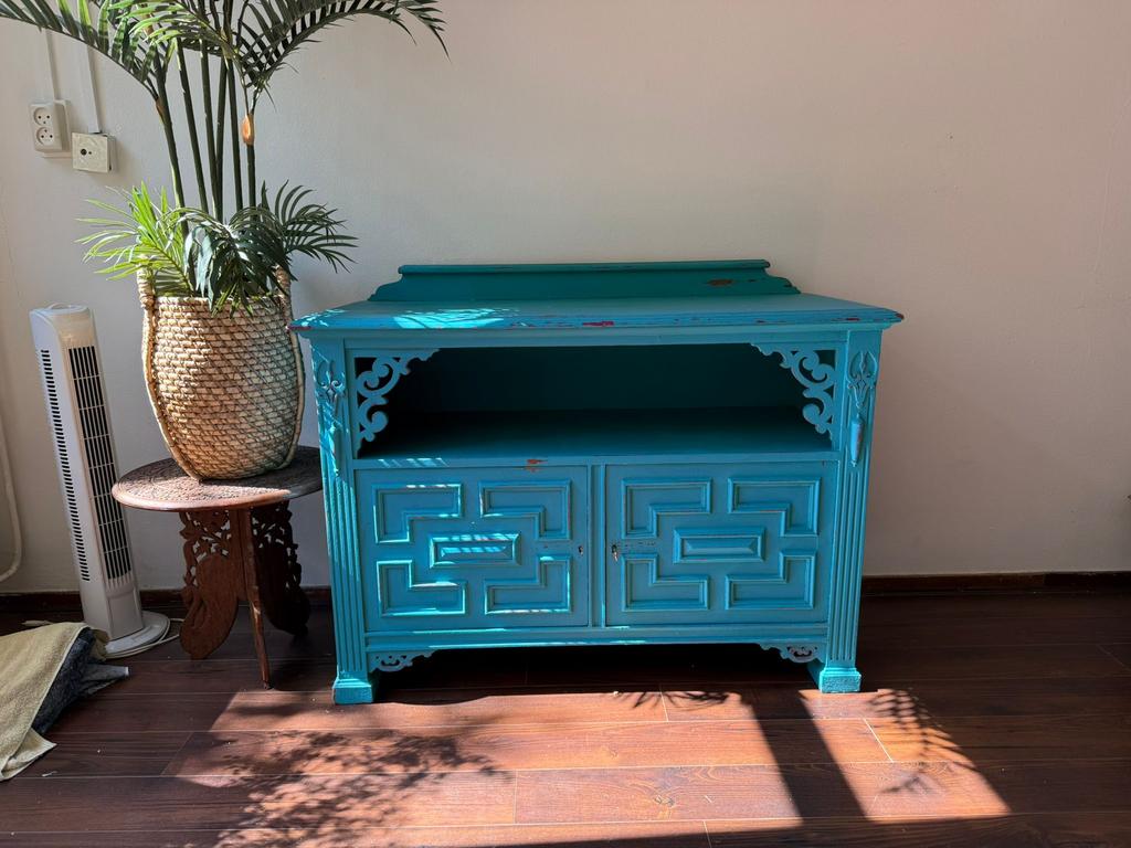 Houtsnijwerk bohemian ibiza kastje dressoir blauw, Ophalen, 100 tot 150 cm, Bohemian/ibiza, 25 tot 50 cm