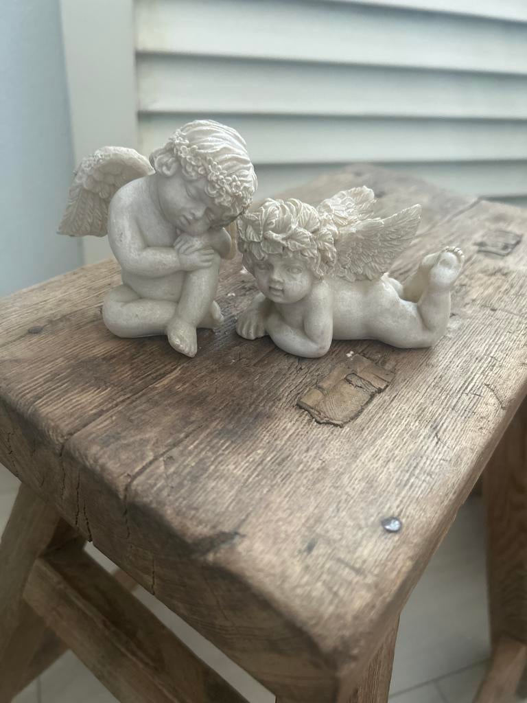 Set van 2 Engelen Beeldjes - Decoratieve Cherubijnen, Ophalen, Wit, Steen/keramiek, Klassiek