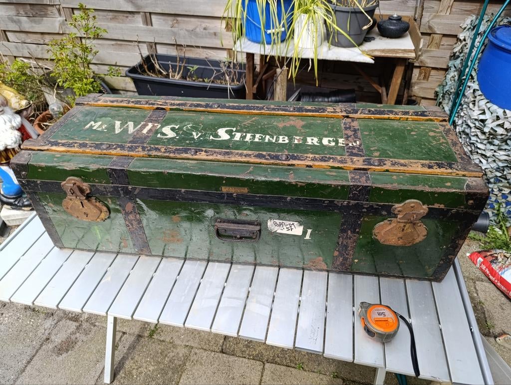 Mooie antieke houten hutkoffer, Huis en Inrichting, Woonaccessoires | Kisten, Ophalen of Verzenden, Minder dan 50 cm, Minder dan 50 cm