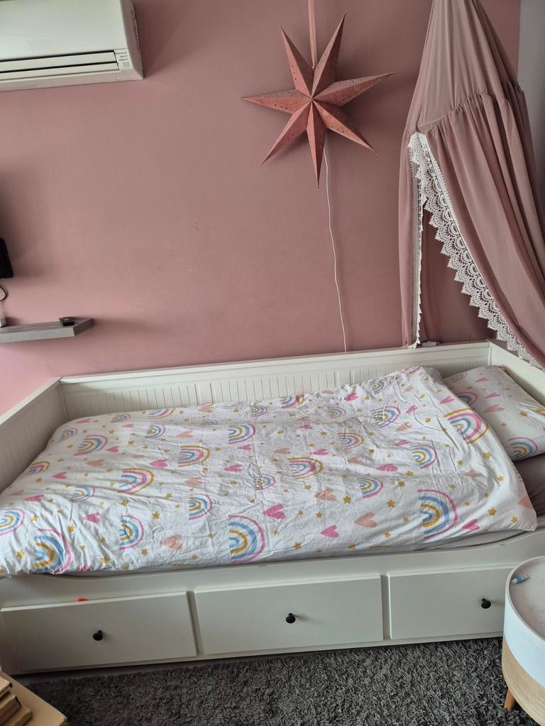 BRIMNES bed uitschuifbaar 180x200 met opberglades, Ophalen, Wit, Tweepersoons, 180 cm