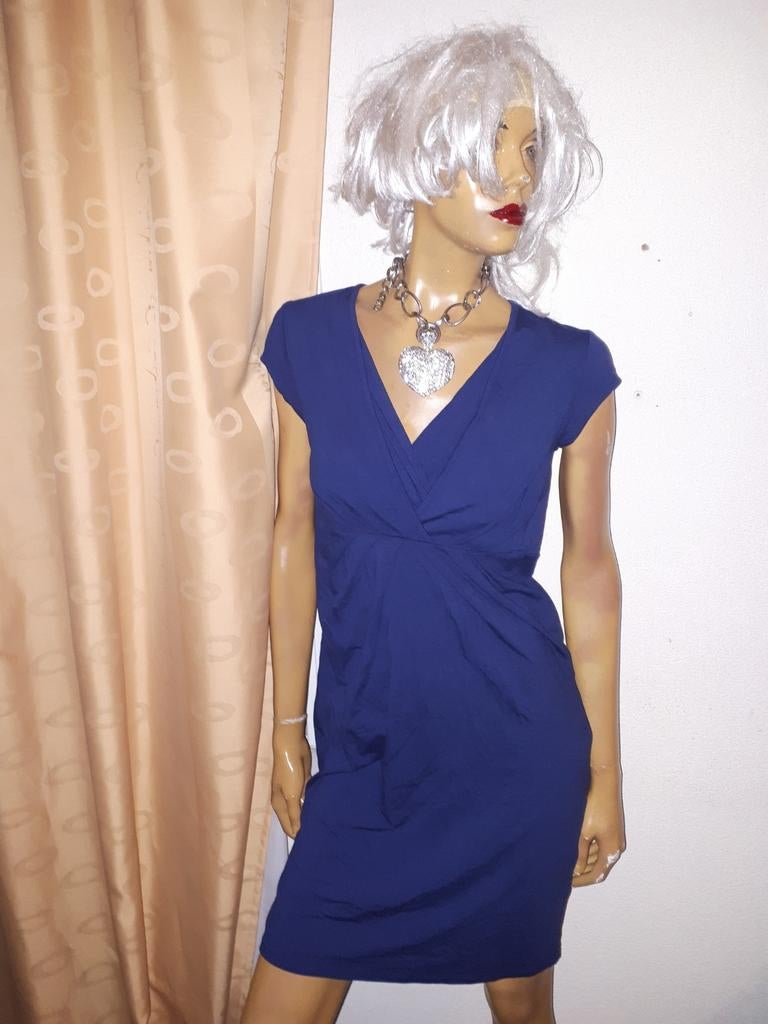 Donkerblauwe jurk met overslag Queen mum maat S, Kleding | Dames, Jurken, Zo goed als nieuw, Maat 36 (S), Blauw, Boven de knie