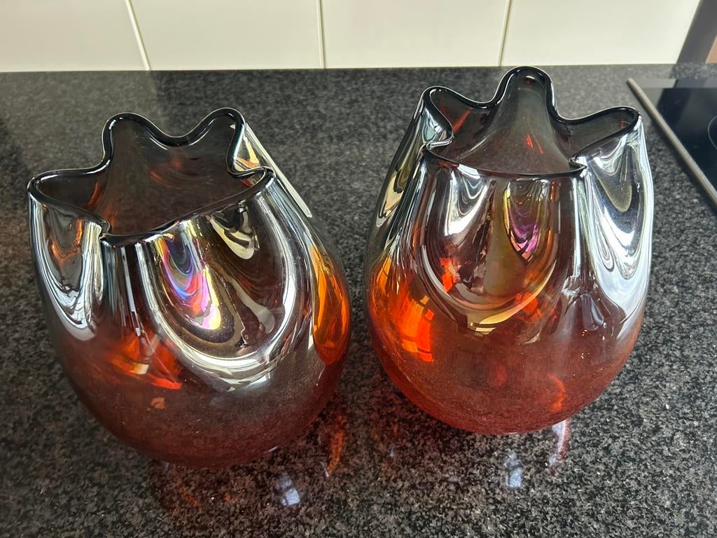 glaskunst / vazenset brique oranje antraciet, Huis en Inrichting, Woonaccessoires | Vazen, Ophalen, Zo goed als nieuw, Glas, Minder dan 50 cm