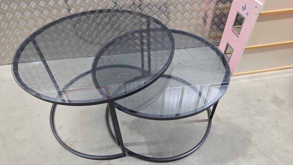 Bijzettafels van metaal en getint glas, Minder dan 55 cm, Gebruikt, Rond, Glas