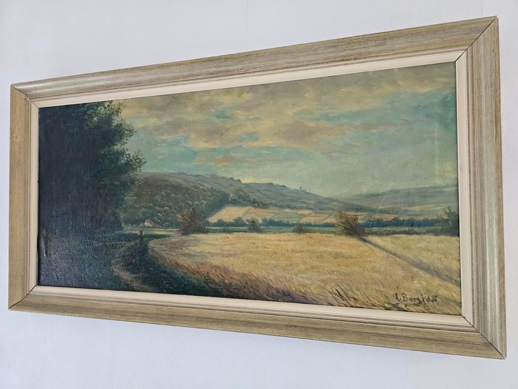GROOT ANTIEK OLIEVERFSCHILDERIJ BERGFELD. Frans landschap, Ophalen