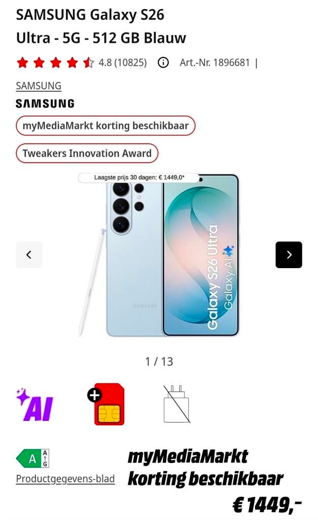 Samsung Galaxy S26 Ultra 512GB Sky Blauw, Ophalen of Verzenden