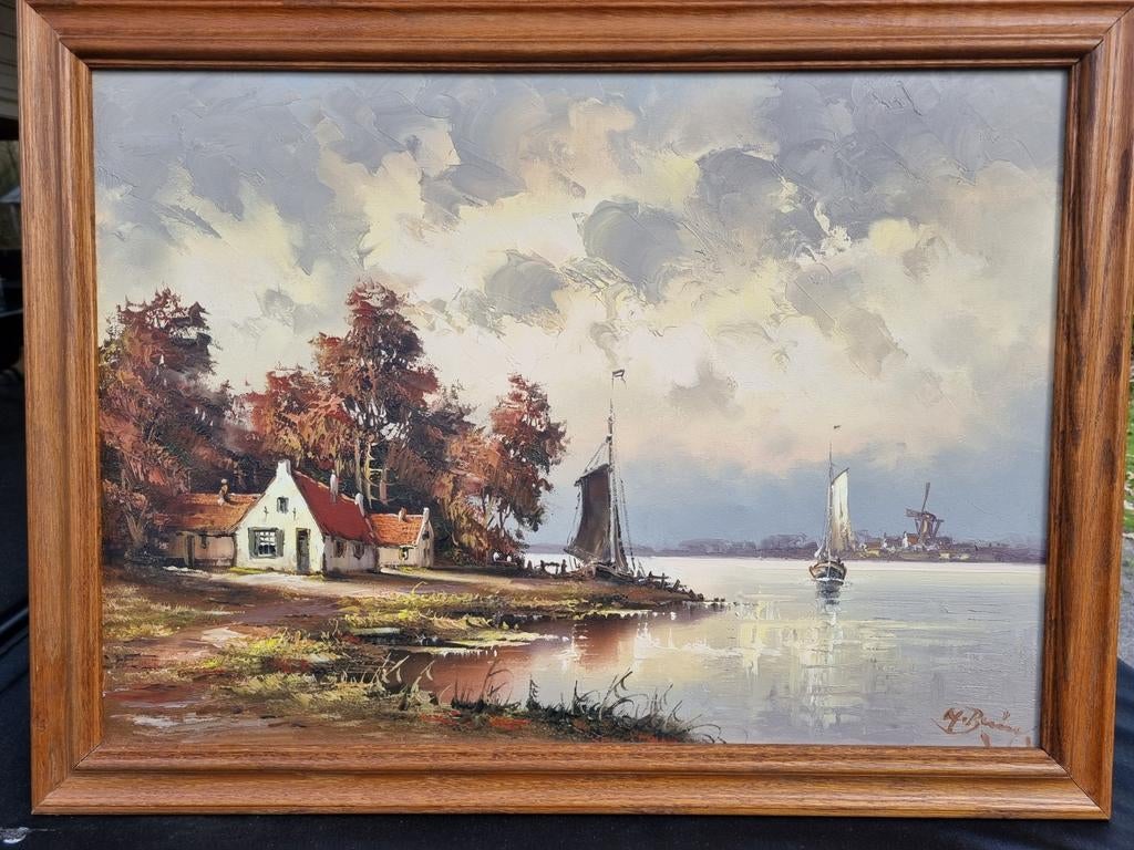 Olieverfschilderij Jan Bruins - Hollands landschap, Antiek en Kunst, Ophalen of Verzenden