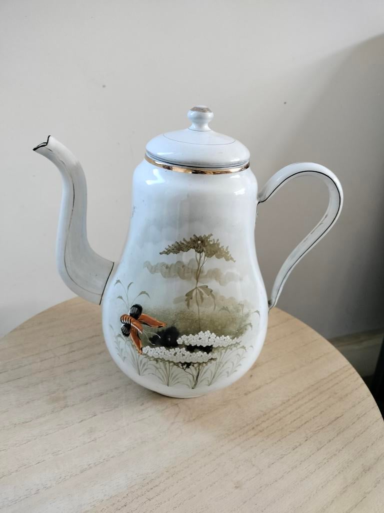 Grote emaille koffiepot met handgeschilderde decoratie, Ophalen