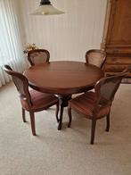 Eetkamertafel bolpoot met 4 stoelen, tafel uitklapbaar., 100 tot 150 cm, Rond, Zo goed als nieuw, 150 tot 200 cm