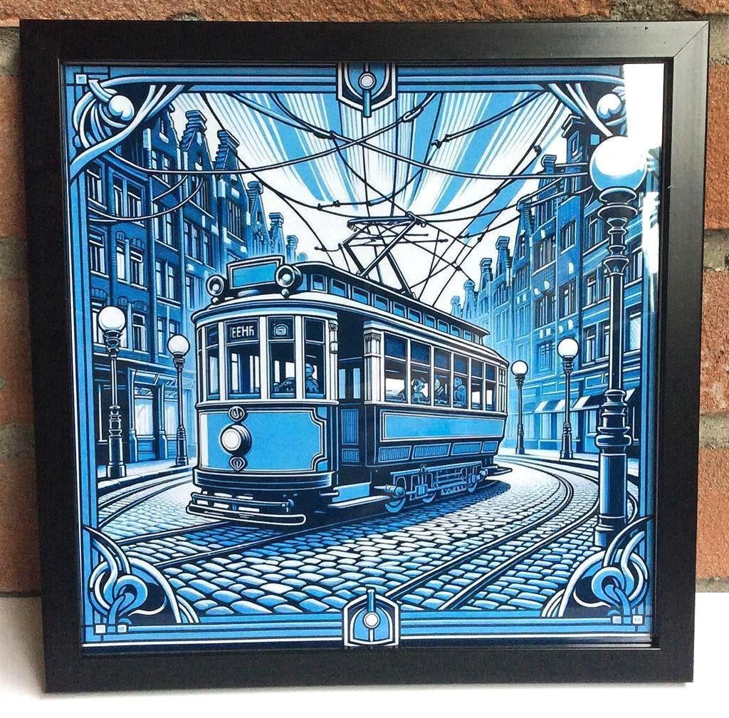 NZH de Blauwe Tram art nouveau mini poster in lijstje, Verzamelen, Spoorwegen en Tramwegen, Ophalen of Verzenden, Nieuw, Tram