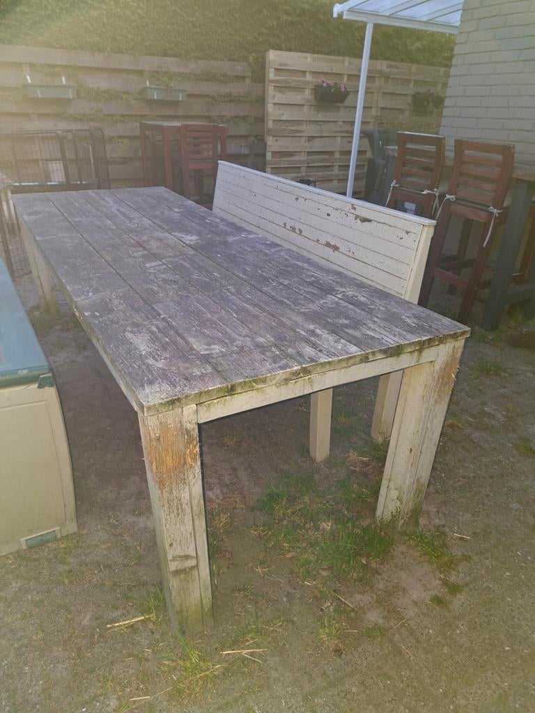 Gratis tuinset: eettafel (blad 250x90 cm) en bank, Tuin en Terras, Ophalen, Gebruikt, Rechthoekig, Hout