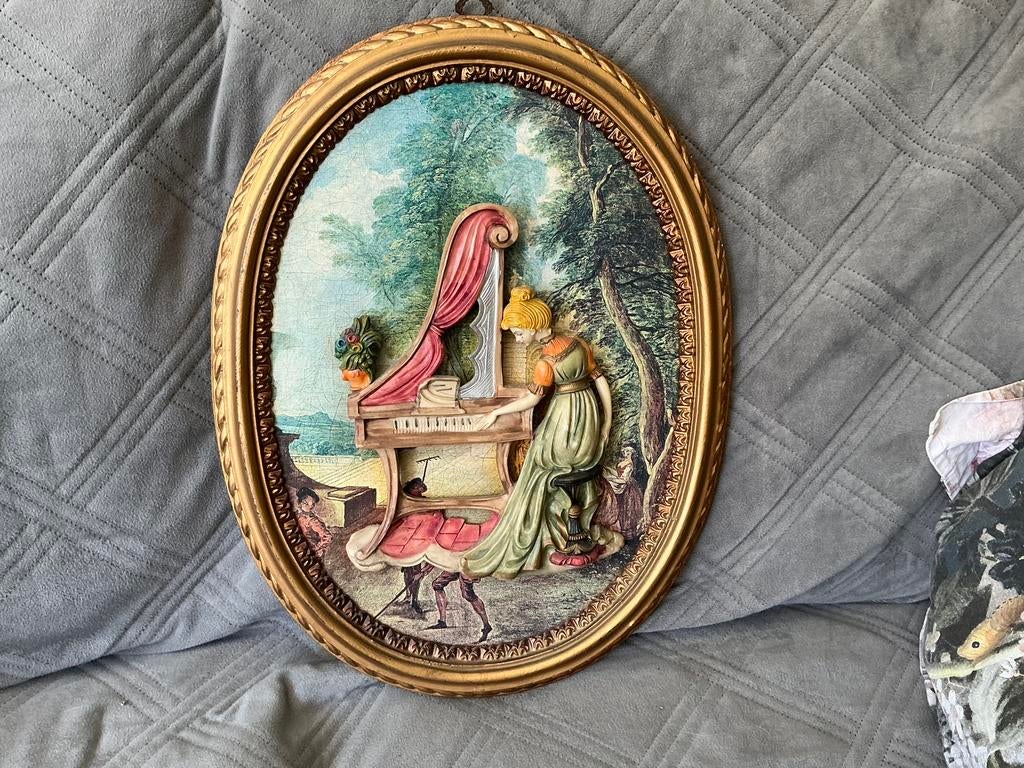 Vintage 3 D schilderij met piano,kitch made in italy retro, Antiek en Kunst, Ophalen