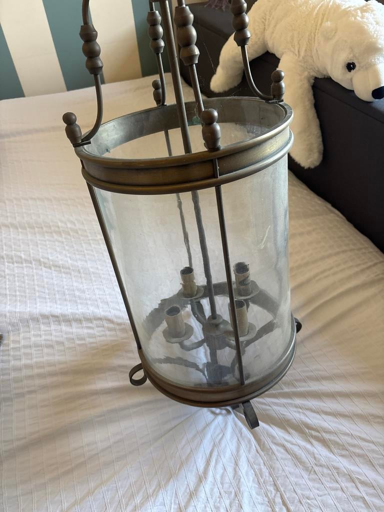 Antieke koperen hanglamp / lantaarn met glazen cilinder, Antiek en Kunst, Ophalen