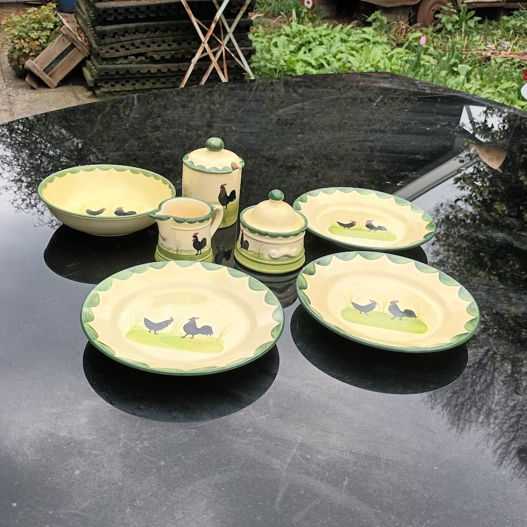 Zeller servies Kip en Haan jampot suiker en melk ontbijtbord, Verzenden, Zo goed als nieuw, Bord(en), Overige stijlen