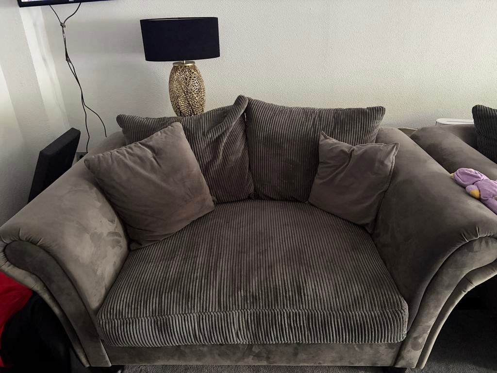 Grijze ribstof bankstel met fauteuil en poef, Huis en Inrichting, Ophalen, Gebruikt, Driepersoons, 75 tot 100 cm