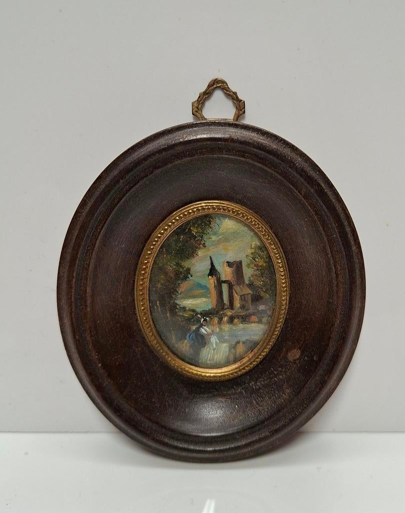 Antiek Miniatuur Schilderij Kasteel Landschap Rond Hout, Ophalen of Verzenden