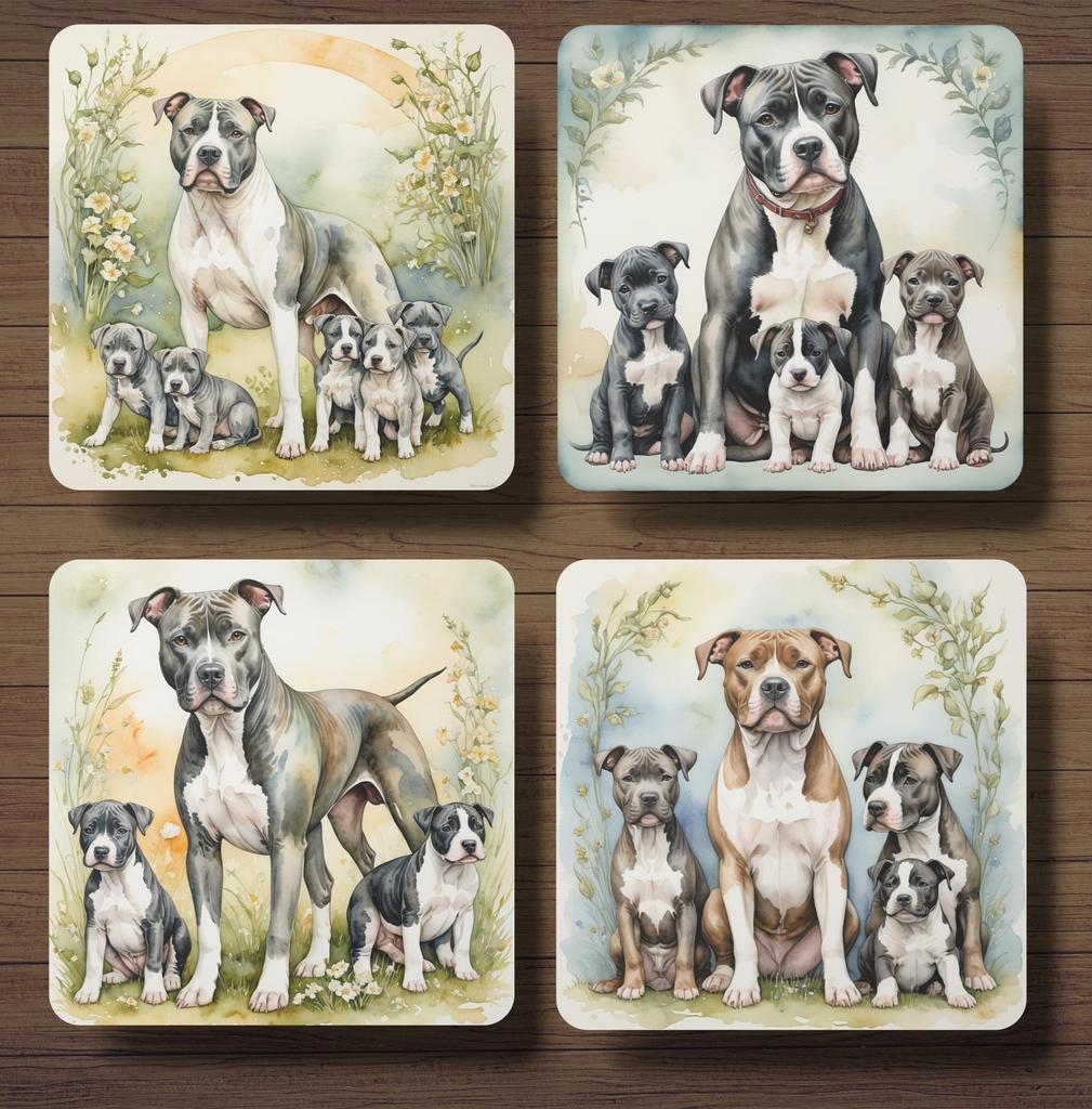 American Stafford met puppy’s onderzetters met houder, Ophalen of Verzenden, Nieuw, Glas of Kopje