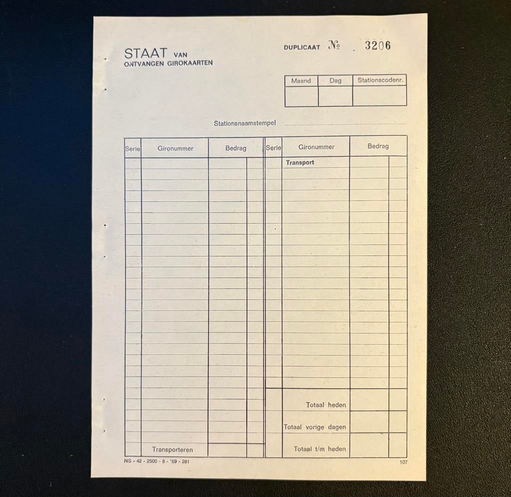 Blanco ‘Staat van ontvangen girokaarten per station’ (1959), Verzamelen, Ophalen of Verzenden, Gebruikt, Trein