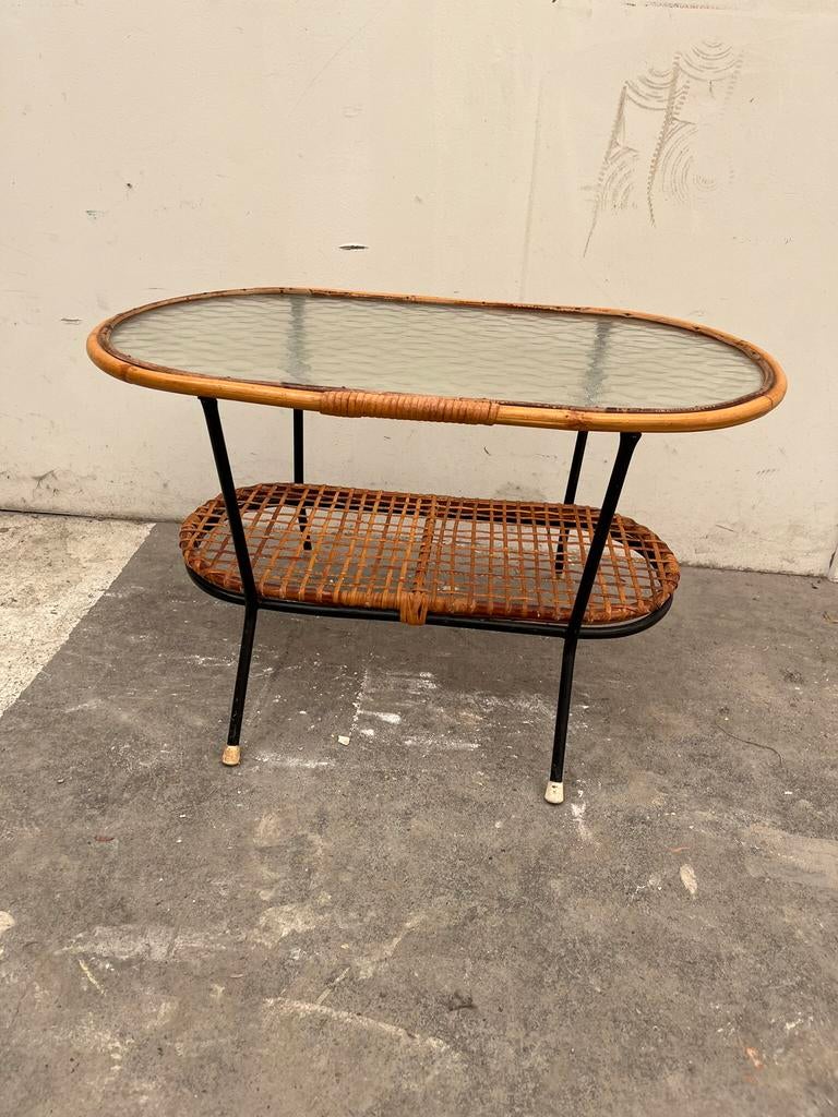Vintage tafel glas bamboe rotan rattan jaren 60 retro €45, Verzamelen, Ophalen of Verzenden, Huis en Inrichting