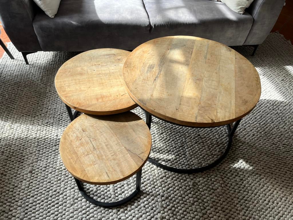 Houten salontafels met stalen onderstel, Huis en Inrichting, Tafels | Salontafels, Ophalen, Gebruikt, 50 tot 100 cm, Minder dan 50 cm