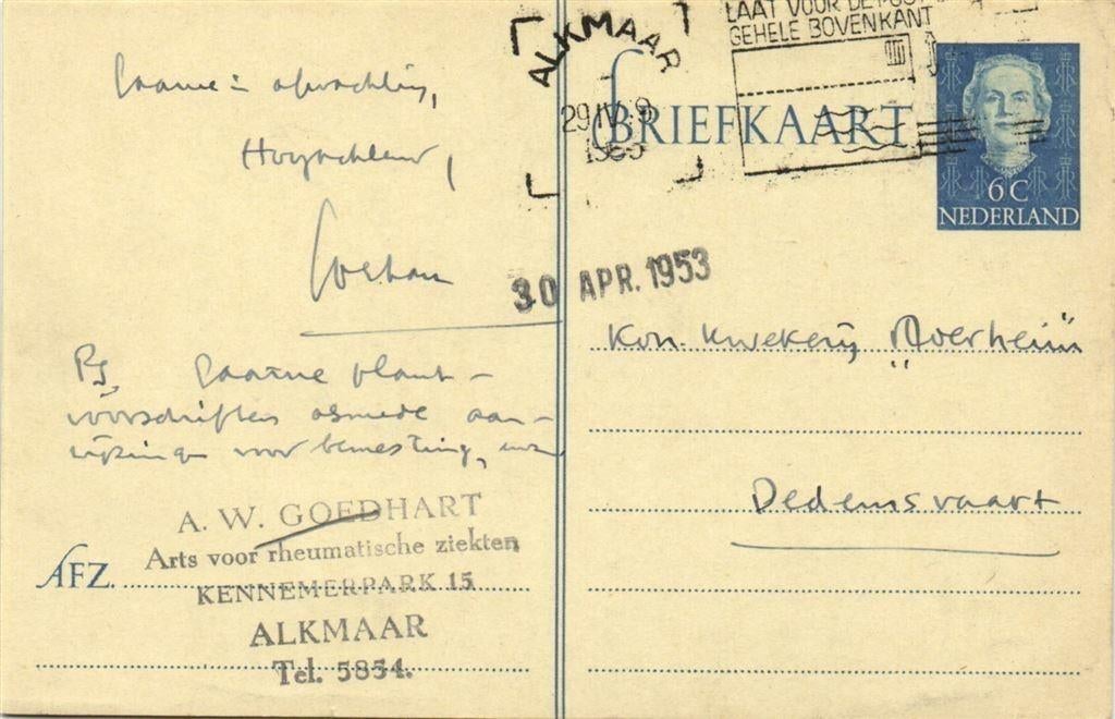 A.W. Goedhart, Alkmaar - 04.1953 - briefkaart, Ophalen of Verzenden, Briefkaart