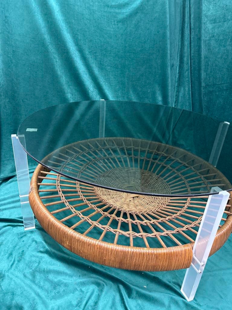 Vintage ronde rotan en plexiglas salontafel, Ophalen
