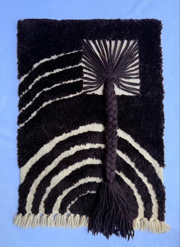 Vintage wollen wandkleed donkerbruin/naturel ca 100x70 cm, Antiek en Kunst, Ophalen of Verzenden