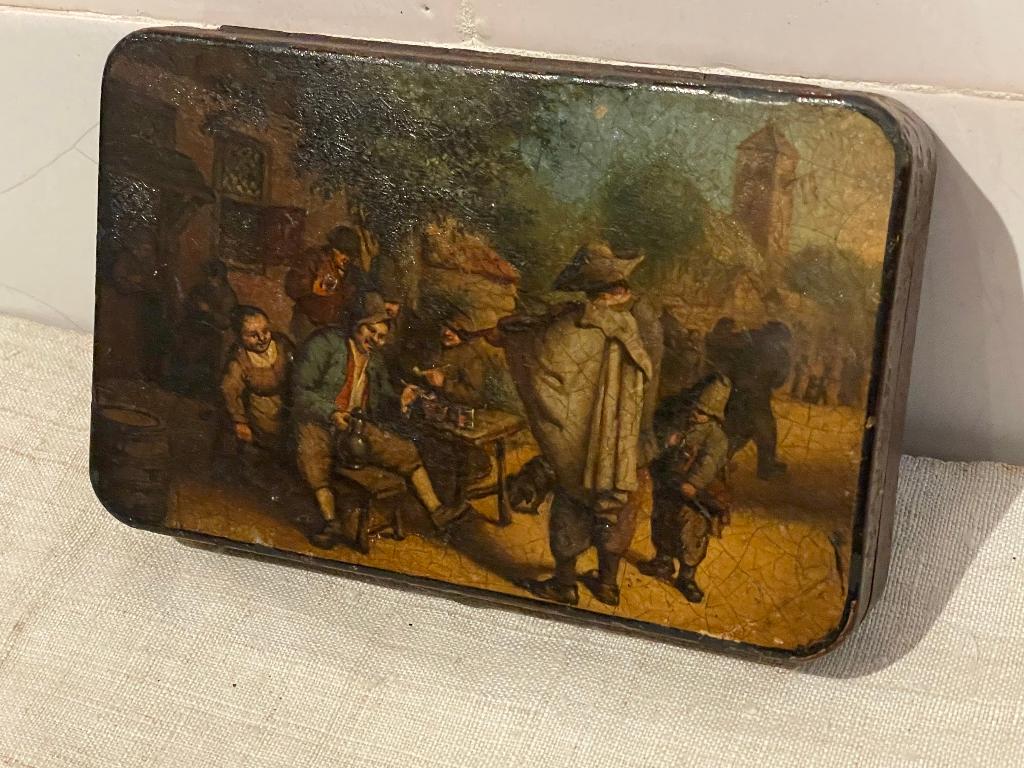 antieke  blikken tabaksdoos herberg scene rookgerei, Antiek en Kunst, Ophalen of Verzenden
