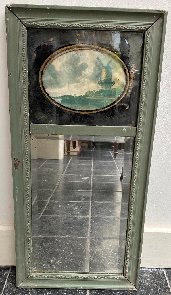 Antiek facet geslepen spiegel met afbeelding, Antiek en Kunst, Antiek | Spiegels, Minder dan 50 cm, Rechthoekig, Ophalen of Verzenden