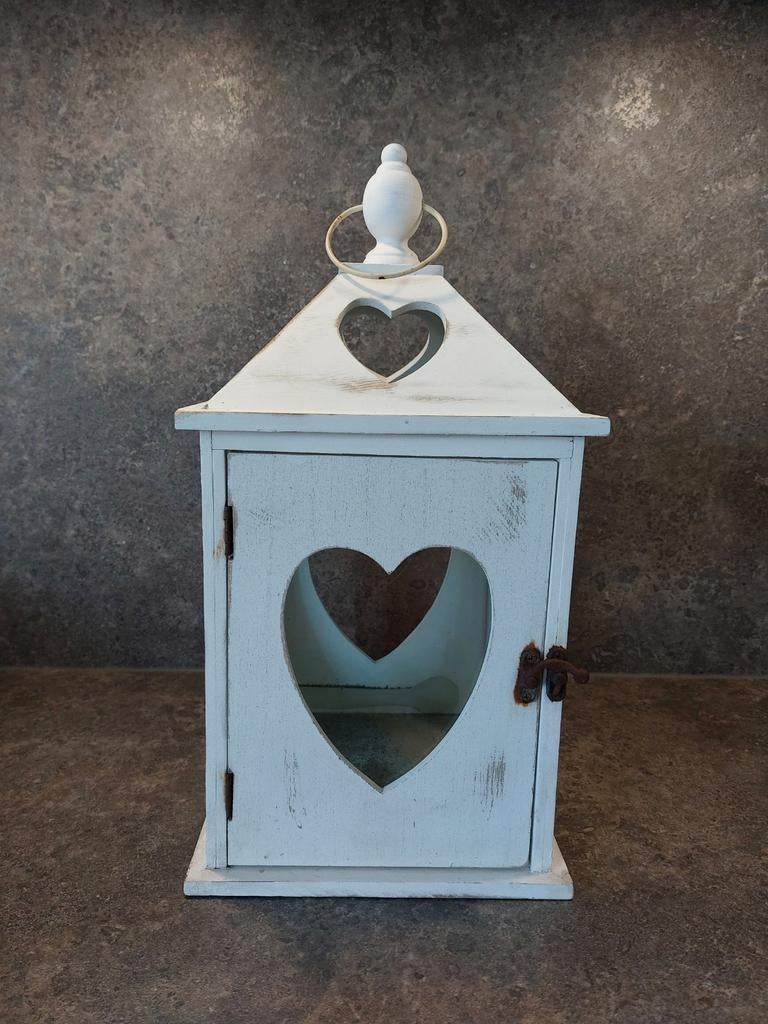 Groot wit windlicht met hartjes, 39 cm hoog, Ophalen, Gebruikt, Hout